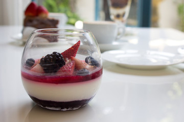 Fresh Fruit pannacotta with berries.