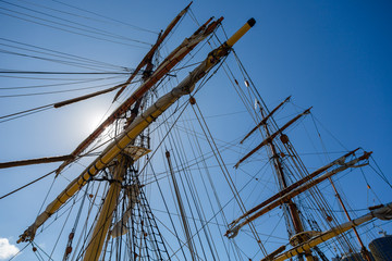 Masting of big wooden sailing ship