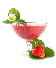 Cropped view of strawberry with goblet,leaves,flower on white
