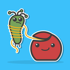 Dental floss caught bacteria. hygiene concept.