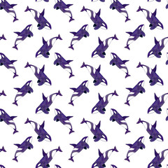 Orca or killer whale. Seamless watercolor pattern