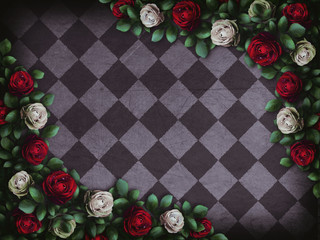 Alice in Wonderland. Red roses and white roses on  chess background. Wonderland background. Rose flower frame. Illustration