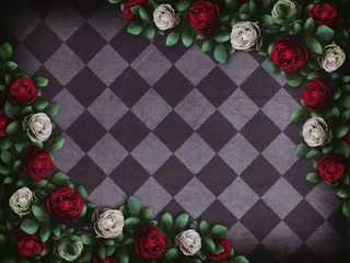 Foto op Aluminium Alice in Wonderland. Red roses and white roses on  chess background. Wonderland background. Rose flower frame. Illustration © svetlanasmirnova