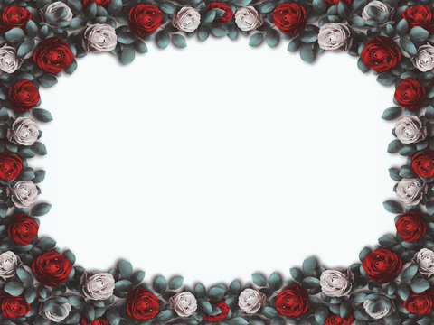 Alice in Wonderland. Red roses and white roses on  white background. Wonderland background. Rose flower frame. Illustration