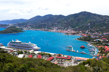 view at St. Thomas harbor from the hill, cruise ship on backgrou
