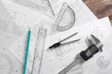 Set of engineering drawings with tools, top view