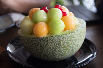 Close up the ice melon Bingsu, famous korean ice-cream.
