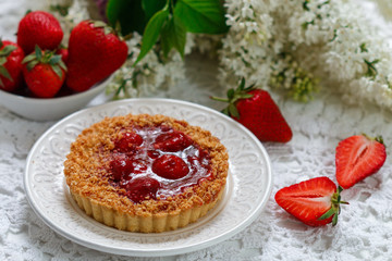 Summer berry pie. Tart, pie, cake shortbread with strawberry. Selective focus
