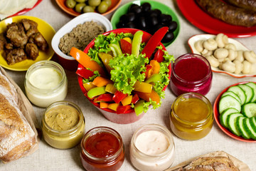 Table setting for a summer picnic - vegetables and mushrooms, ol