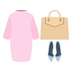Set of trendy women's clothes with dress and accessories. Vector illustration