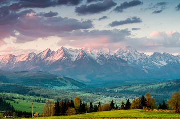 Plakat Beautiful spring panorama of Tatra mountains and green hills