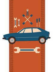 The Car, Wrench and Screwdriver. Vector Illustration