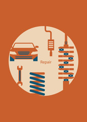 The Car and Repair Parts: Crankshaft, Silencer, Suspension. Vector Illustration