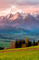 Plakat Beautiful spring panorama of Tatra mountains and green hills