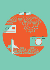 Travel Collection with Plane, Credit Card, Photo Camera, Sunglasses. Vector Illustration
