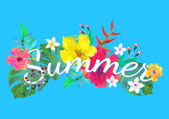 Fototapeta na wymiar Summer lettering on abstract hand painted tropical composition.Vector illustration.