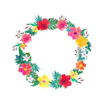 Vector floral frame. Colorful tropical floral collection with flowers and leaves.