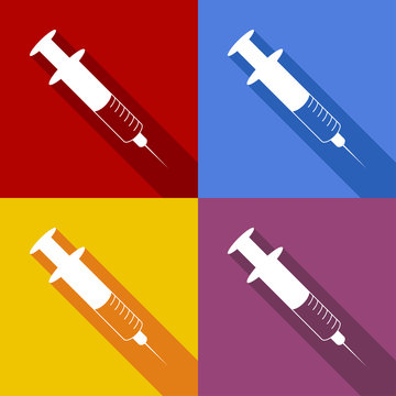 Icono plano jeringuilla con sombra en varios colores