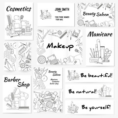 Set of banners, posters and business card with make up artist objects - lipstick, cream, brush.