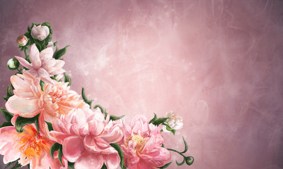 Colorful blooming peonies in a left corner side with sparkle of light on a dusty pink background
