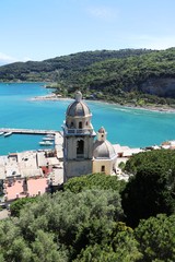 San Lorenzo Belltower in Porto Venere at Ligurian sea, Italy 