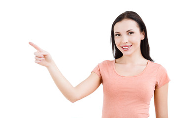 Beautiful young woman on white background