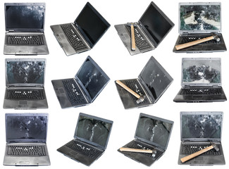 set from old broken laptops isolated on white