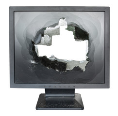 direct view of monitor with cut out damaged screen