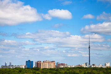 Fototapeta premium city and forest under cloudy blue sky in summer