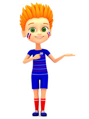 Boy footballer pointing at empty space. 3d render illustration.