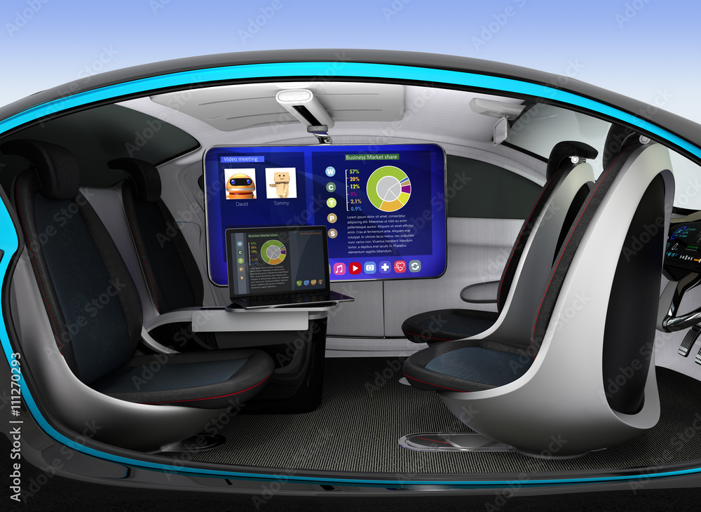 Poster autonomous car interior concept. ceiling-mounted monitor help business man have video meeting when t