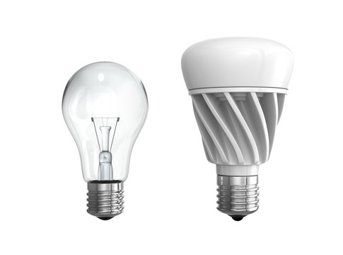 Incandescent light bulb and LED light bulb isolated on white background. 3D rendering image.