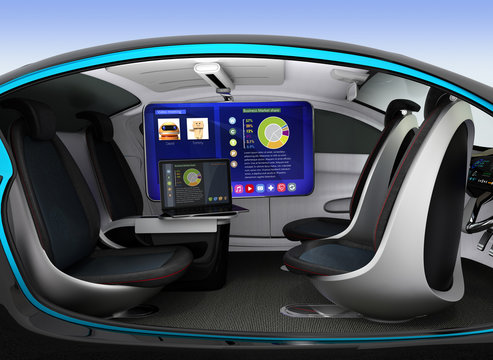 Autonomous car interior concept. Ceiling-mounted monitor help business man have video meeting when they moving on road. 3D rendering image.