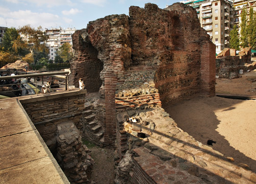 Ruins of Roman palace on Navarino square in Thessaloniki. Greece