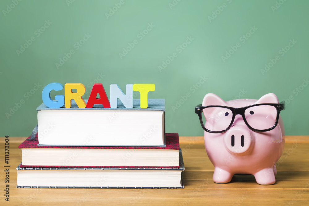 Wall mural education grant theme with pink piggy bank on top of books with chalkboard in the background