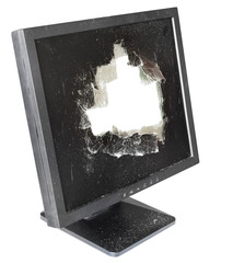 side view of monitor with cut out damaged screen