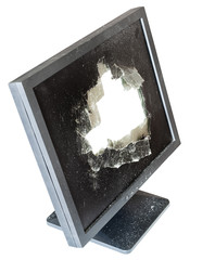 above view of monitor with cut out damaged screen