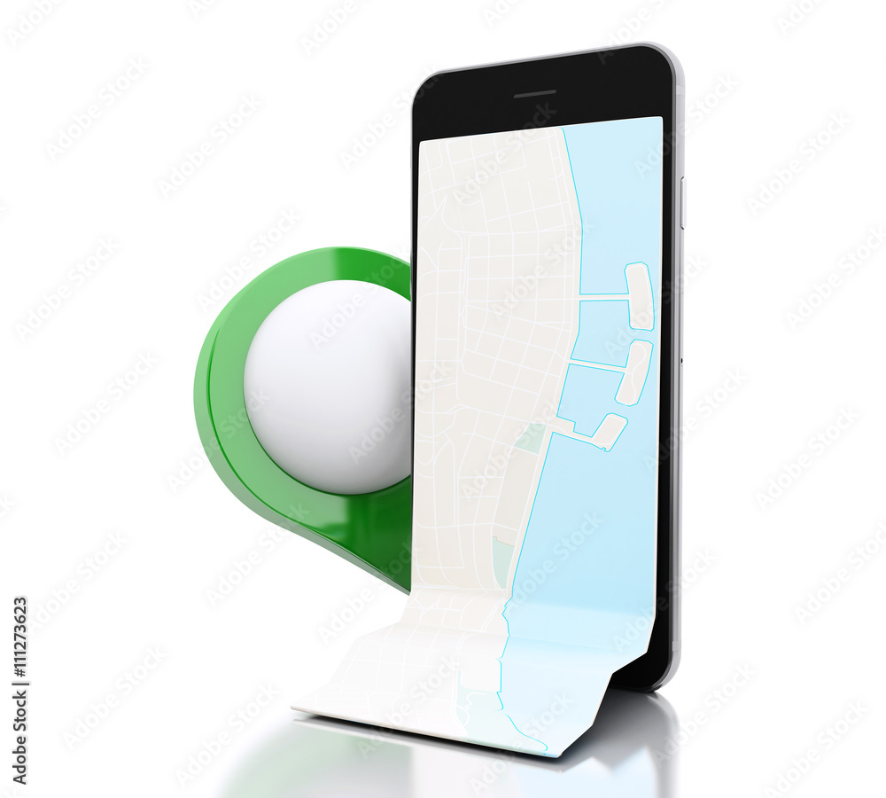 Poster 3d smartphone with a map and green map pointer.
