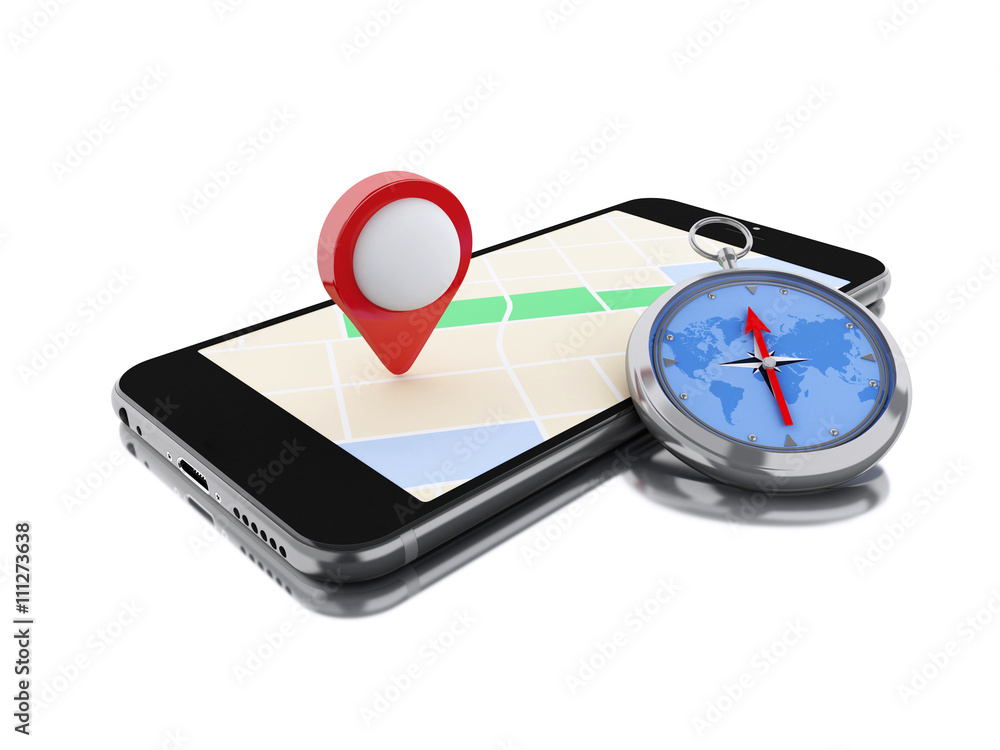 Aufkleber 3d smartphone with a map, red pointer and a compass.