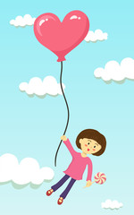 Girl Fly with Heart Balloon. A cute little girl is flying with heart shape balloon in the sky.