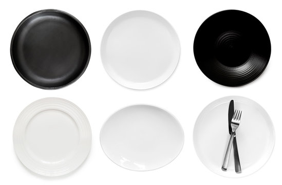 Collection of Empty Plates Top View Isolated