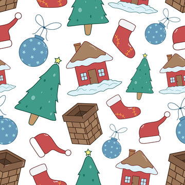 Seamless Pattern Of Christmas Icons Or Elements With Color And White Background
