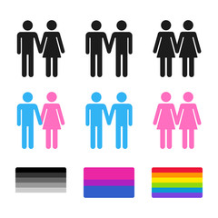 Heterosexual and homosexual couples with flags