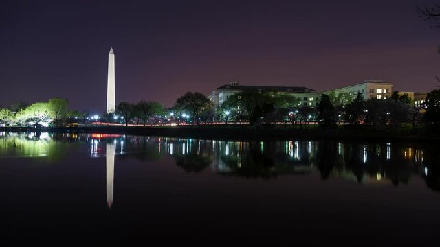 Time lapse of Washington Monument reflecting in Tidal Basin at night while Washington, DC traffic drives by.