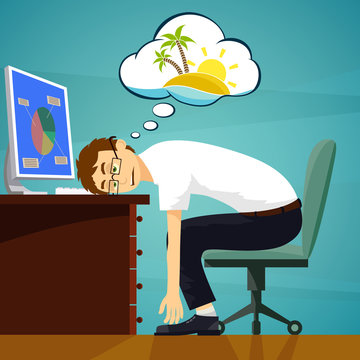 Tired worker in the workplace. Dreaming about vacation. Stock ve