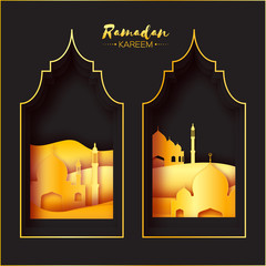 Gold Black Origami Mosque Window Ramadan Kareem Greeting card with Golden metal Desert Landscape. Holy month of muslim. Symbol of Islam. Applique Vector illustration
