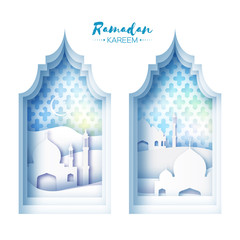 Blue White Origami Mosque Window Ramadan Kareem Greeting card with arabic arabesque pattern.Desert Landscape.Holy month of muslim.Symbol of Islam.Crescent Moon