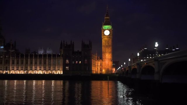 Night view of Big Ben, Houses of Parliament, and Westminster Bridge from across the river Thames in London, United Kingdom. Panning from right to left,