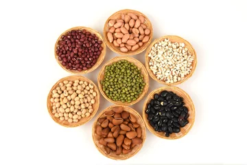 Foto op Canvas Job's tears, Soy beans, Red beans, black beans, Peanut, pine nut, Almond and green beans with the health benefits of whole grains. © wasanajai