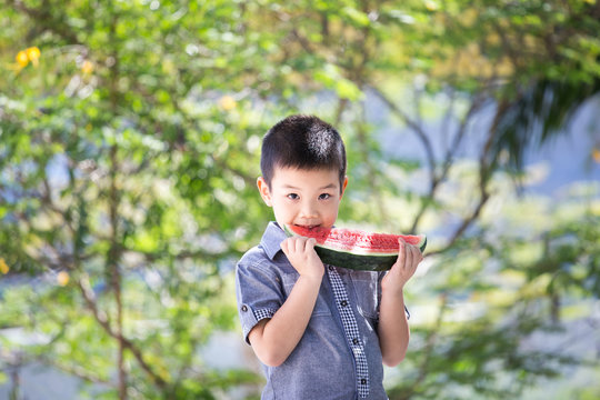 Cute little asian boy eating watermelon in park